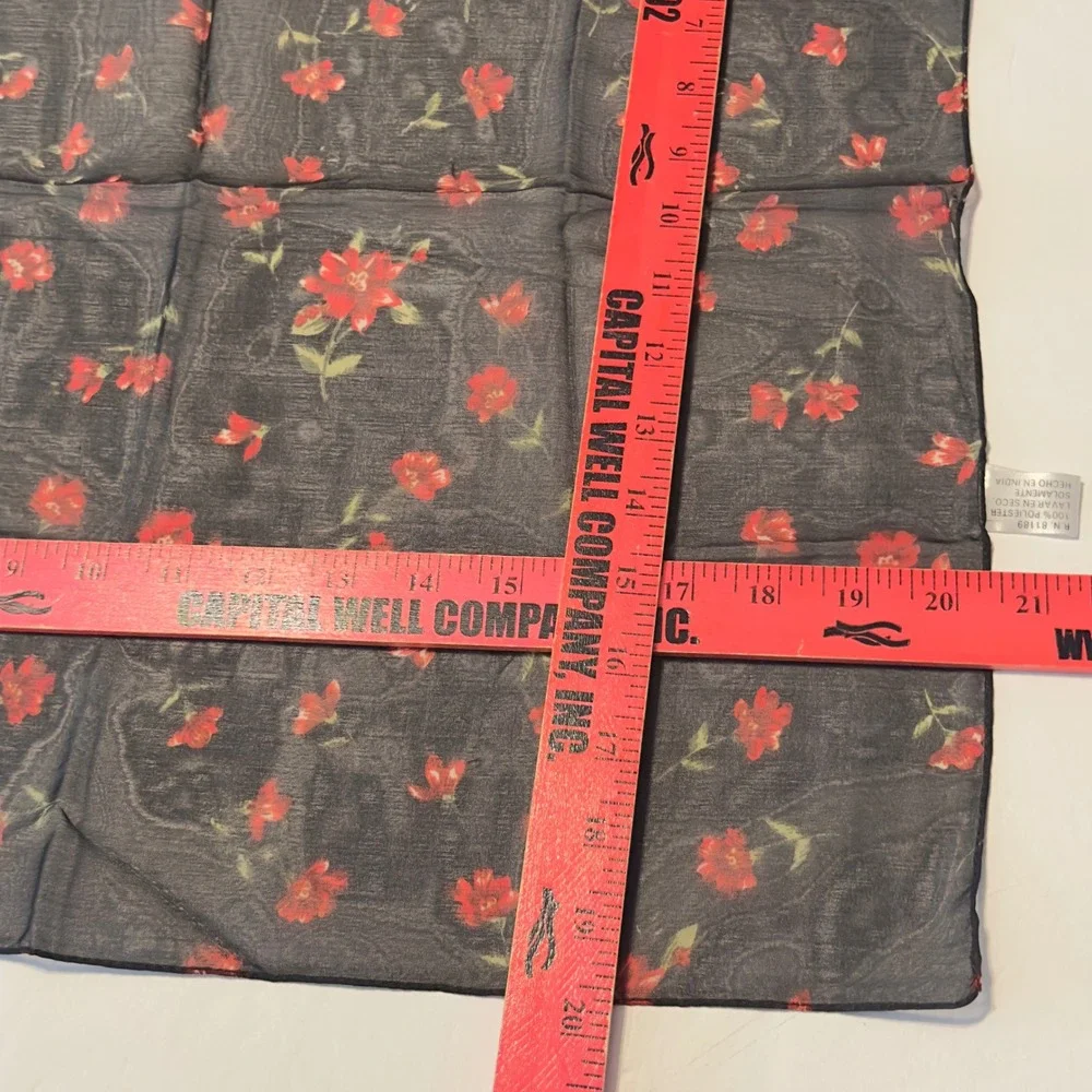 Floral Sheer Square Scarf Black Red Rose Print Lightweight India Cottagecore VTG